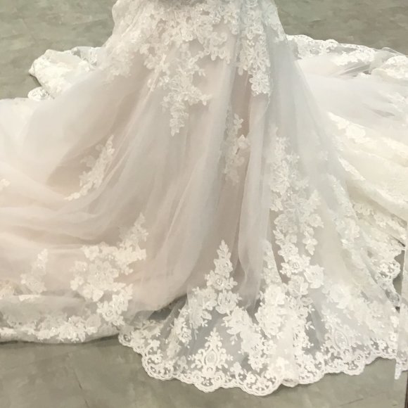 NWT Poet Sleeve Lace Blush/Ivory Wedding Dress - Picture 8 of 16
